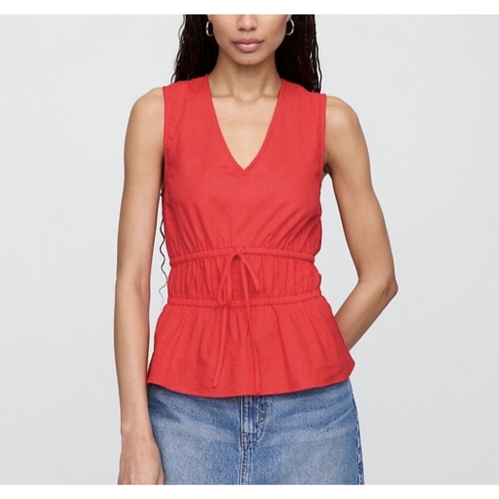 Gap Women’s Linen Blend V-Neck Top Red Small Peplum Tie Waist Sleeveless Blouse